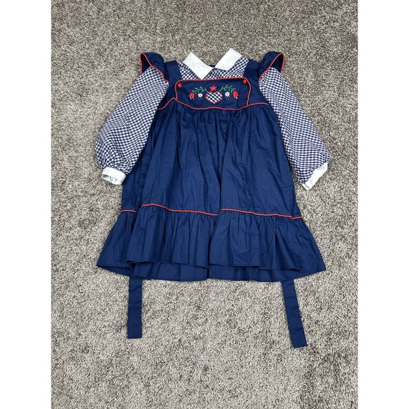 Vintage Baylis Brothers Dress Girls Size 5 Gingham Embroidered‎ Puff Sleeve 80s - Picture 1 of 5